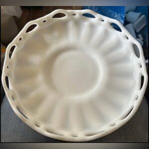Vintage Fostoria Colonial Prism Lace Edge milk Glass Console Bowl 12 in.